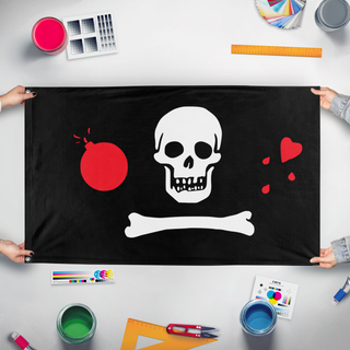 A mockup of the custom flag 'test flag' held up on a table during print checking