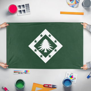 A mockup of the custom flag 'New England flag' held up on a table during print checking