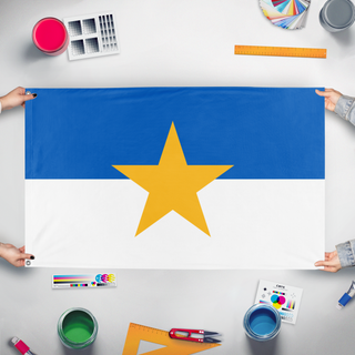 A mockup of the custom flag 'Sjoholmen flag' held up on a table during print checking