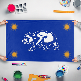 A mockup of the custom flag 'C flag' held up on a table during print checking