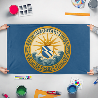 A mockup of the custom flag 'ARV flag' held up on a table during print checking