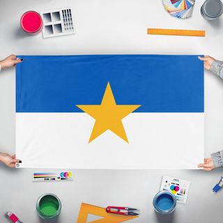 A mockup of the custom flag 'Sjoholmen flag' held up on a table during print checking