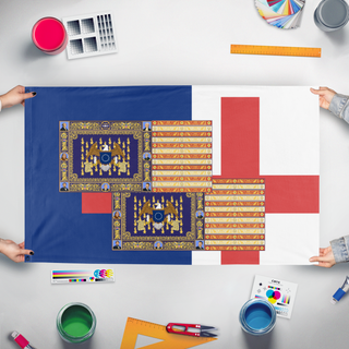 A mockup of the custom flag 'T flag' held up on a table during print checking