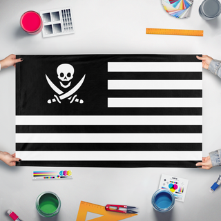 A mockup of the custom flag 'T flag' held up on a table during print checking