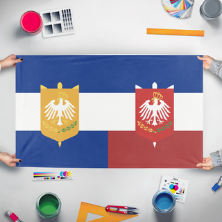 A mockup of the custom flag 'pastuch-polisch empire flag' held up on a table during print checking
