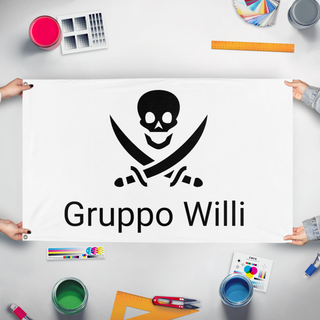 A mockup of the custom flag 'Gruppo Willi  flag' held up on a table during print checking
