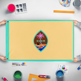 A mockup of the custom flag 'Evil Guam Flag' held up on a table during print checking