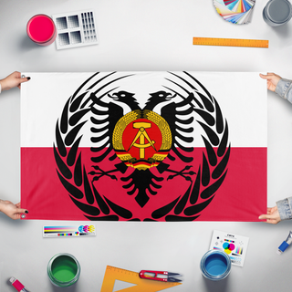 A mockup of the custom flag 'Polish-Russo Commonwealth flag' held up on a table during print checking