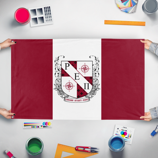 A mockup of the custom flag 'Rho Epsilon Pi flag' held up on a table during print checking