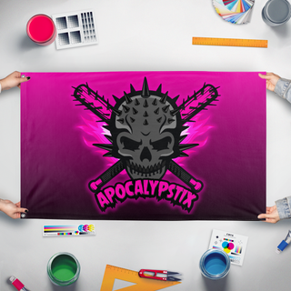 A mockup of the custom flag 'apocalypstix flag' held up on a table during print checking