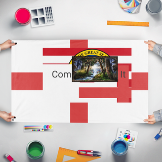 A mockup of the custom flag 'test flag' held up on a table during print checking