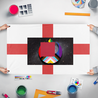 A mockup of the custom flag 'test flag' held up on a table during print checking