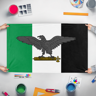 A mockup of the custom flag 'The Big flag' held up on a table during print checking