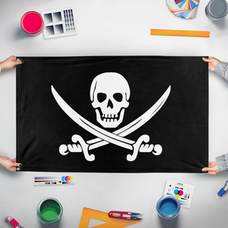 A mockup of the custom flag 'test flag' held up on a table during print checking