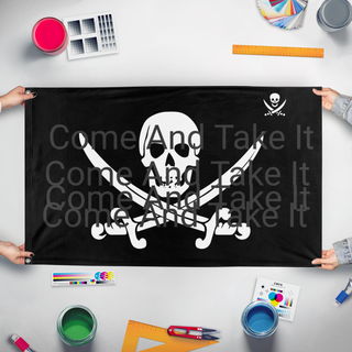 A mockup of the custom flag 'test flag' held up on a table during print checking