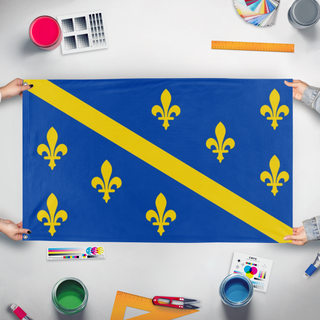 A mockup of the custom flag 'Improved Bosnia flag' held up on a table during print checking