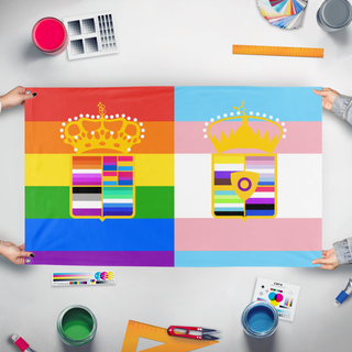 A mockup of the custom flag 'Austria-Hungary Pride Flag 2026' held up on a table during print checking