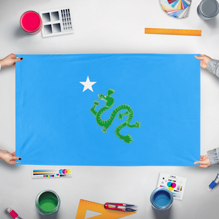 A mockup of the custom flag 'Himalayan Republic flag' held up on a table during print checking