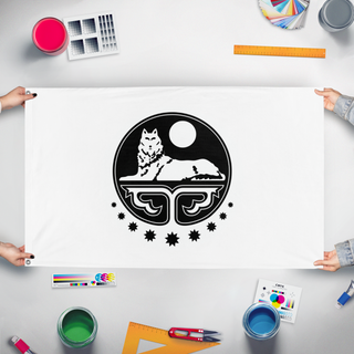A mockup of the custom flag 'Ichkeria  flag' held up on a table during print checking
