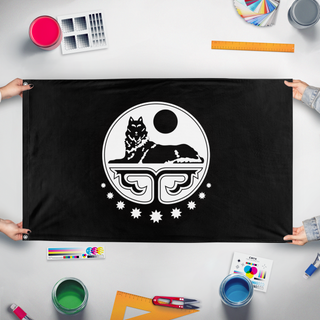 A mockup of the custom flag 'Ichkeria flag' held up on a table during print checking
