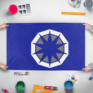 A mockup of the custom flag 'PRNstar flag' held up on a table during print checking