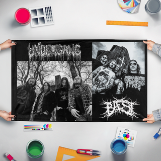 A mockup of the custom flag 'undergang x baest flag' held up on a table during print checking