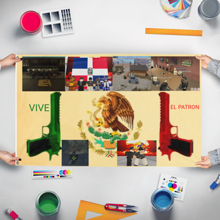 A mockup of the custom flag 'Cartell della Familia Miguel flag' held up on a table during print checking