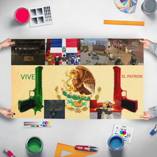 A mockup of the custom flag 'Cartell della familia miguel flag' held up on a table during print checking