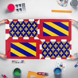 A mockup of the custom flag 'Duchy Of Burgundy flag' held up on a table during print checking