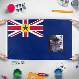A mockup of the custom flag 'Scoutland flag' held up on a table during print checking