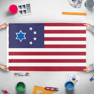 A mockup of the custom flag 'U.S. China flag' held up on a table during print checking