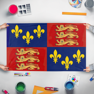 A mockup of the custom flag 'England 1406-1603 Redesign flag' held up on a table during print checking