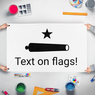 A mockup of the custom flag 'fs flag' held up on a table during print checking