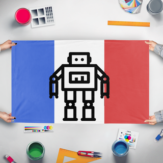 A mockup of the custom flag 'Robot flag' held up on a table during print checking
