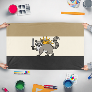A mockup of the custom flag 'Persian Raccoon Flag' held up on a table during print checking