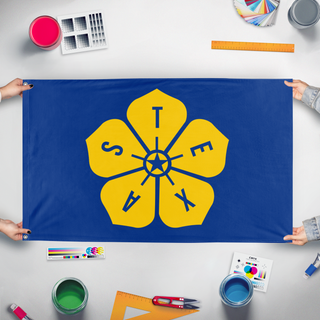 A mockup of the custom flag 'Yellow Rose of Texas flag' held up on a table during print checking