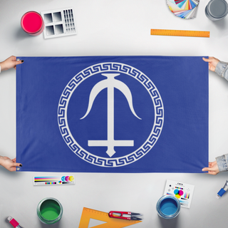 A mockup of the custom flag 'Seleucid Empire flag' held up on a table during print checking