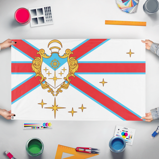 A mockup of the custom flag 'Imperial Ensign flag' held up on a table during print checking