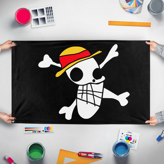 A mockup of the custom flag 'Lufi's drawing flag' held up on a table during print checking