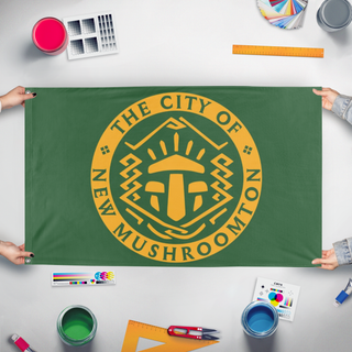 A mockup of the custom flag 'New Mushroomton flag' held up on a table during print checking