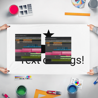 A mockup of the custom flag 'T flag' held up on a table during print checking