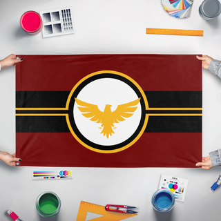 A mockup of the custom flag 'New Slearian Empire War  flag' held up on a table during print checking