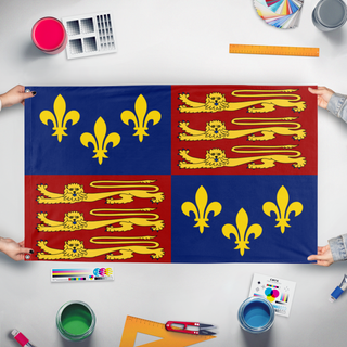 A mockup of the custom flag 'Royal Standard Of England 1406-1603 flag' held up on a table during print checking