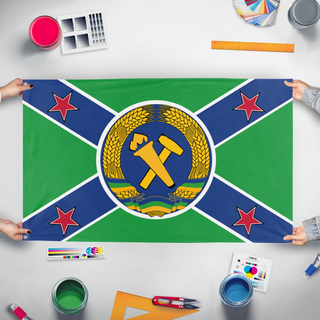 A mockup of the custom flag 'Symphonic Revolutionary Militia flag' held up on a table during print checking