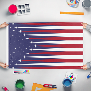 A mockup of the custom flag 'USA Space Flag' held up on a table during print checking