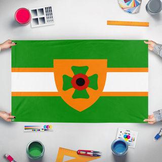 A mockup of the custom flag 'The ANZAC Empire flag' held up on a table during print checking