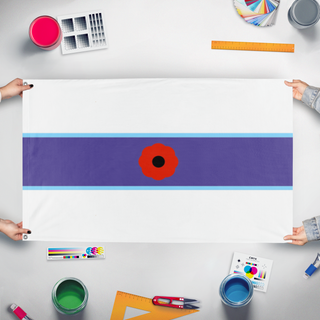 A mockup of the custom flag 'The ANZAC Nation War flag' held up on a table during print checking