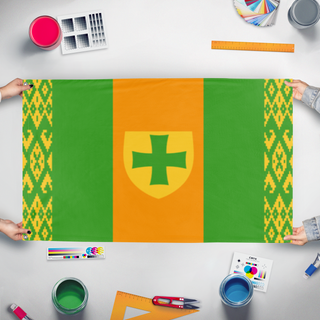 A mockup of the custom flag 'The FREE ANZAC nation movement  flag' held up on a table during print checking