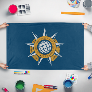 A mockup of the custom flag 'Accord Flag' held up on a table during print checking