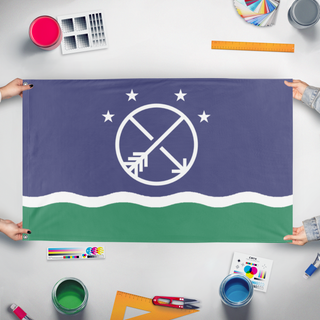 A mockup of the custom flag 'Great Lakes Government Flag' held up on a table during print checking